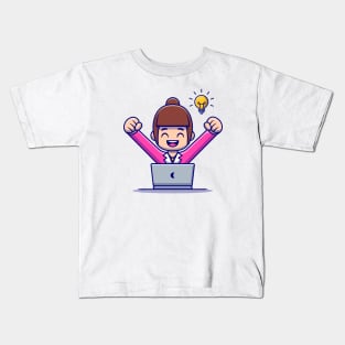 Happy Woman Employee With Laptop Kids T-Shirt